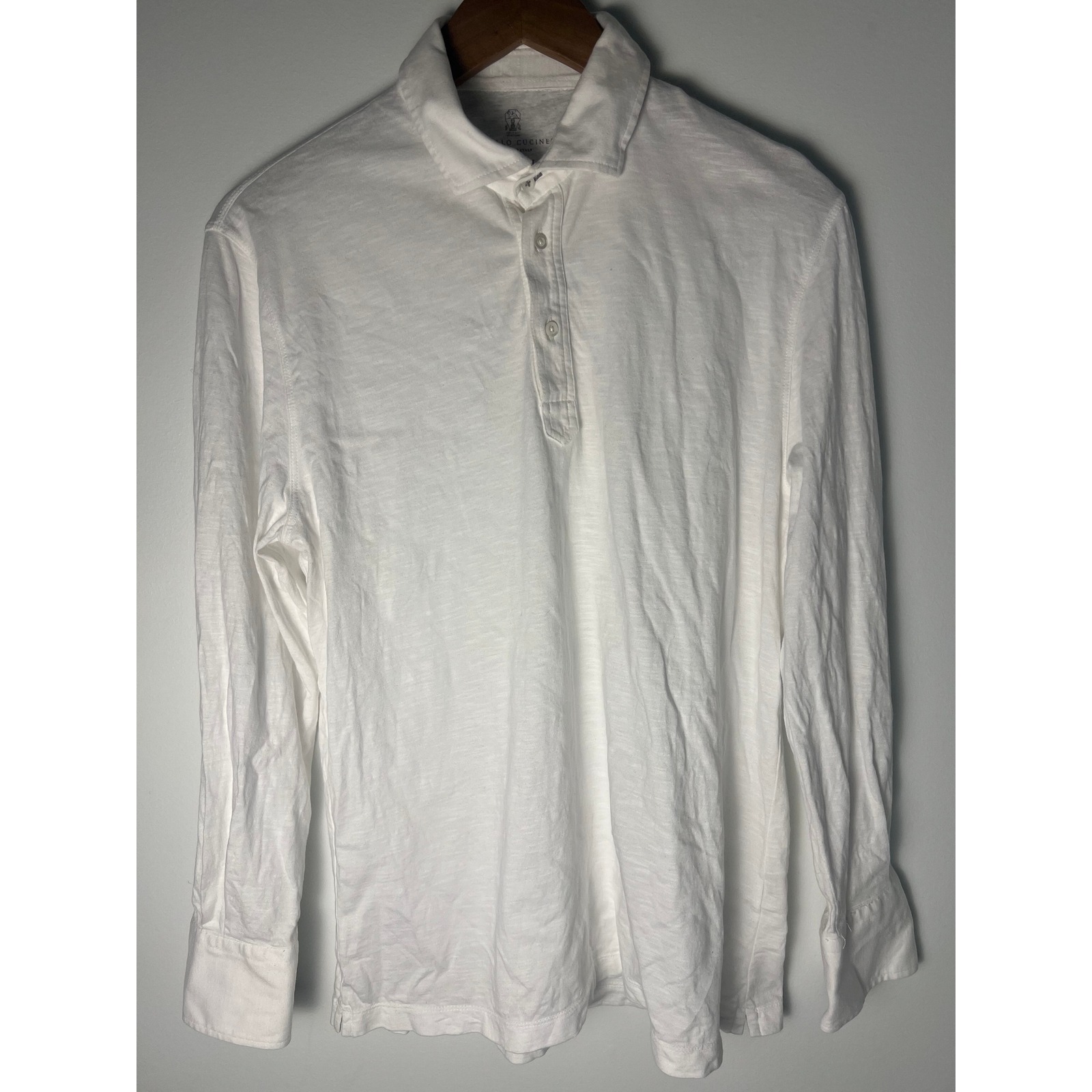 Brunello Cucinelli Long Sleeve Polo Men 48/Sm White Cotton Slub Reg Fit Italy